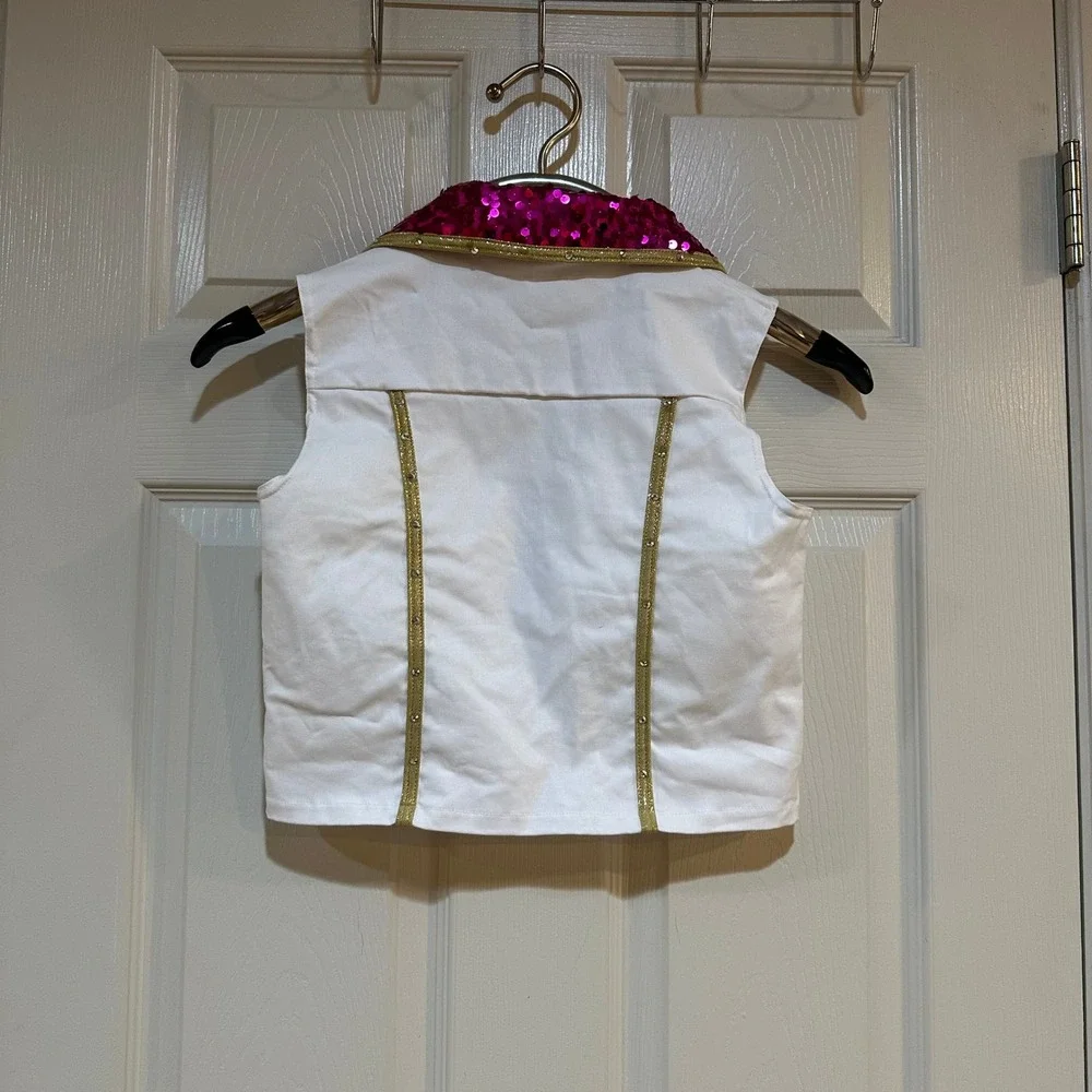 Weissman‎ Girls Dance Vest Pink Sequin Gold Trim Rhinestone LC Large Child Bow